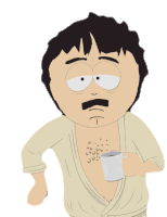 Randy Marsh wearing a light beige robe or shirt that's open at the chest, holding a white mug, and appears to be tired.